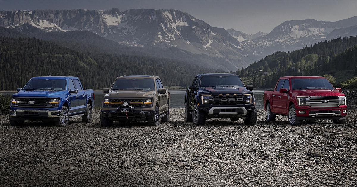 Lineup of various Ford F-150 Models in front of a mountain range.