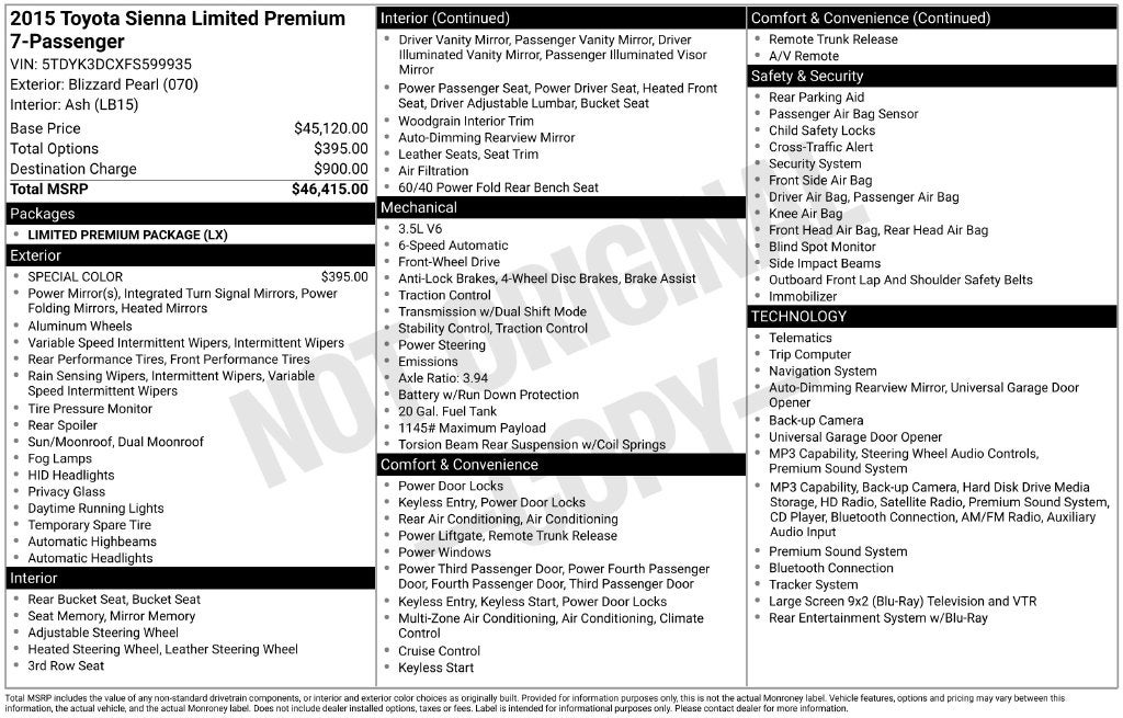 2015 Toyota Sienna Limited Premium 7 Passenger